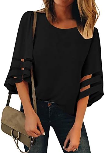 Luyeess Women's V Neck Mesh Panel Chiffon 3/4 Bell Sleeve Blouse Top Shirt Tee
