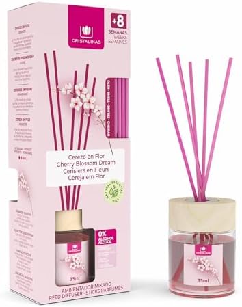 Cristalinas 35ml Cherry Blossom Air Fresheners for Home - Reed Diffusers for home - Home Fragrance Lasts upto 8 weeks - Room Diffuser Sticks with Coloured Fragrance Oil