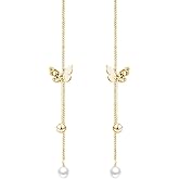 SLUYNZ Sterling Silver Butterfly Threader Earrings Dangle Chain for Women Teens Pearl Long Dangle Earrings Tassel