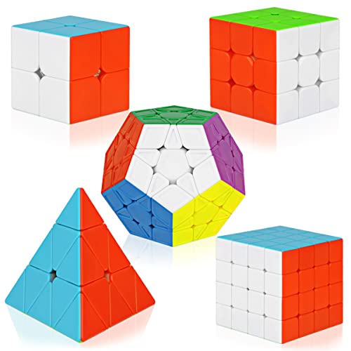Speed Cube Set Magic Cube Bundle 5 Pack - 2x2x2 Pyramid 3x3x3 4x4x4 Megaminx Cubes Collection Puzzle Toy for Kids