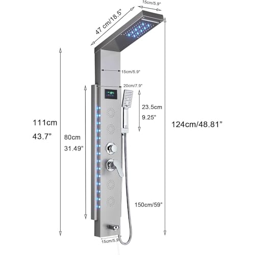 Panel de Ducha con Grifo para Bañera y Hidromasaje LED - Kit Completo en Acero Inoxidable Antical, 5 Funciones (Cabezal Fijo, Ducha de Mano, Caño), Fácil Instalación