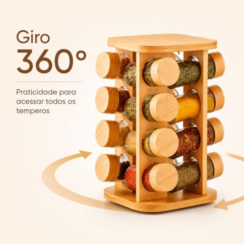 Porta Temperos Giratório 360° em Bambu com 16 Potes de Vidro 80ml, Base Quadrada – Organizador Premium para Cozinha