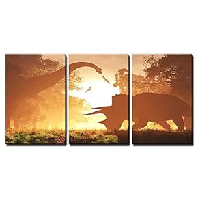 Prehistoric Dinosaur Forest Sunset - 3 Panel Canvas Art