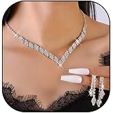 HUJUON Shiny Rhinestone Long Tassel Dangle Earrings Necklace Set Cubic Zirconia Drop Earrings Clavicle Necklace Wedding Bride Jewelry for Women