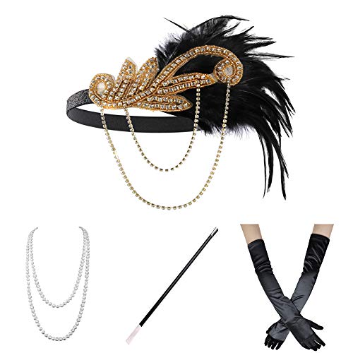 Xuhan 1920s Flapper Costume Accessories Set for Women Headband Necklace Gloves Cigarette Holder