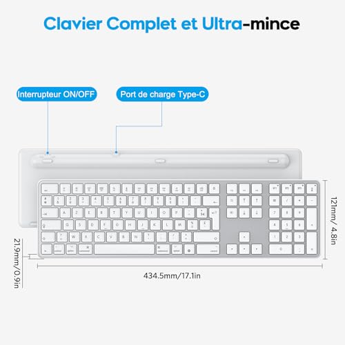 OMOTON Wireless Bluetooth Keyboard for Mac, Rechargeable French AZERTY Keyboard Multi-Device with 3 Bluetooth Channels for Apple MacBook Pro/Air, Mac Pro/Mini, iMac, Silver