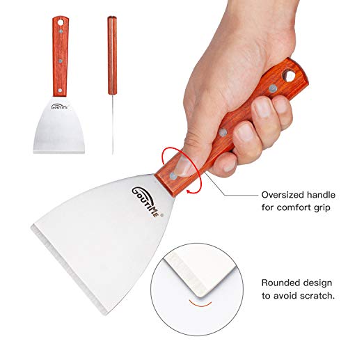 Goutime Commercial Griddle Accessories, 5 Pieces Flat Top Grill Tools Include Stainless Steel Spatula Scraper Tong Turner, Restaurant Grade Hibachi Griddle Utensils with Carrying Bag