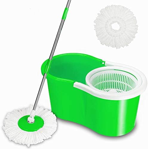 Kshioe 360 Spin Mop &Bucket System Floor Cleaning System With Extended Length Adjustable Handle 2 Microfiber Mop Heads, Wet/Dry Usage on Hardwood & Tile, Easy Wring Mop Bucket Set (GREEN)