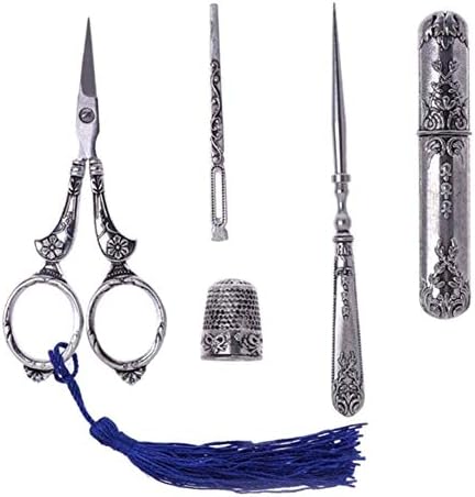 Doublele Sewing Scissors Set Vintage Embroidery Tool Alloy Awl Threader Thimble Needle Case Kit