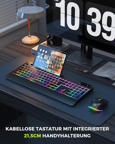seenda JPX006 Wireless Illuminated Keyboard Mouse Set with USB-A & USB-C Port, Rechargeable, Ergonomic with Mobile Phone Holder & Wrist Rest, Quiet Keys for PC & Mac - QWERTZ Layout