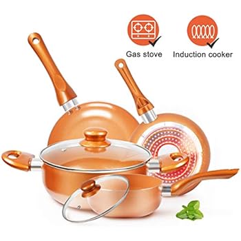 Cookware-Set Nonstick Pots and Pans-Set Copper Pan - KUTIME 6pcs Cookware Set Non-stick Frying Pan Ceramic Coating Stockpot, Cooking Pot, Copper Aluminum Pan with Lid, Gas Induction Compatible