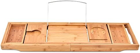 YYY Luxury Extendable Bamboo Bathtub Caddy Tray, Adjustable Tablet, Phone Holder/Wine Glass Slot/2 Towel Tray
