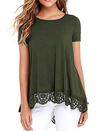 Women's Tops Long Sleeve Lace Trim O-Neck A-Line Tunic Blouse Green M
