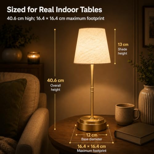 Rechargeable Table Lamp, 6000mAh Cordless Bedside Lamp, Gold, 3000K | Moves From Bedside to Side Table, 12-36H Runtime, 5%-100% Touch Dimming, Soft Linen Glow, 40.6 cm High