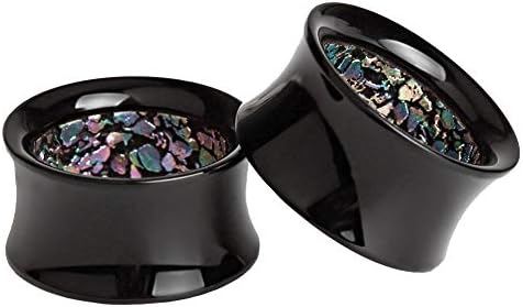 2 pcs Inner Glitter Design Black Acrylic Saddle Ear Tunnels Plugs Gauges Gauge 0g - 1-3/16 inch