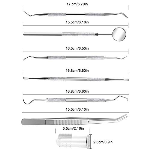 Sonku 6 Pcs Pet Tooth Scaler Tool Kit, Stainless Steel Pet Teeth Cleaning Tool Double Header Tartar Remover/Tweezer/Scrapers/Dental Mirror with 2 Pcs Finger Toothbrushes for Dogs and Cats - Thumbnail 4