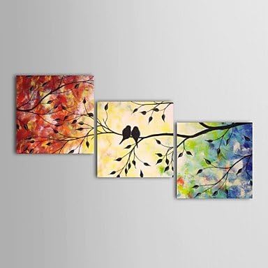 Dudu Hand Painted Oil Painting Landscape Mandarin Ducks Birds with Stretched Frame Set of 3