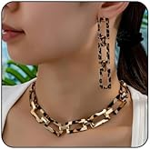 MarveBard Leopard Print Necklace Earrings Set for Women Chunky Cuban Chain Choker Necklace Vintage Long Chain Leopards Print Dangle Drop Earrings Trendy Leopards Punk Jewelry Set for Women