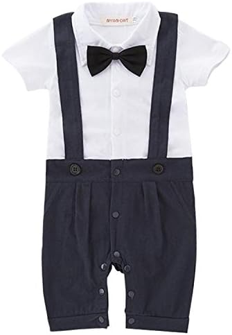 Infant Boys Shorts Sleeve Bow Neck Gentleman Formal Straps Romper Jumpsuit