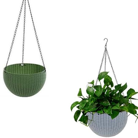Airex (Dark Green and Grey) 2 pcs Round Plastic Resin Chain Basket Hanging Planter Hanging Flowers and Plants,Growers