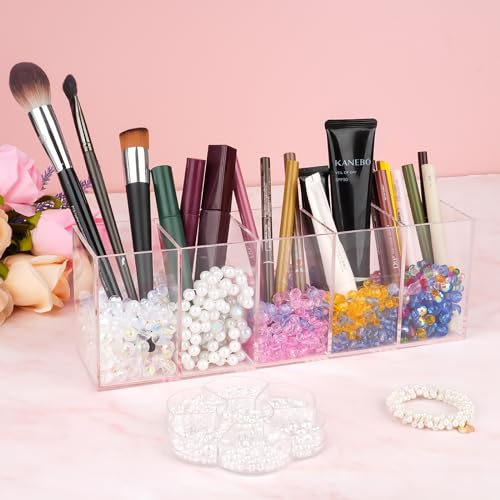 WINKIO Brush Holder with 5 Compartments, Acrylic Brush Holder, Clear Makeup Organizer, Large Capacity, Divided Storage, Multifunctional Cosmetic Organizer for Brushes, Eyeliners, Lipstick