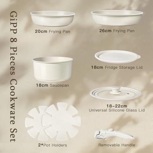 GiPP Ceramic Coating Pots and Pans Set Non Stick, 8pcs Nonstick Detachable Handle Cookware Sets, Non Toxic Induction Kitchen Pot and Pan, Healthy RV Cookware, Dishwasher＆Oven Safe(White)