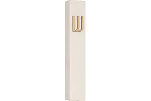 A&S Mezuzot Modern Concrete Mezuzah Case with Scroll, Easy Peel and Stick Mezuza (Ivory+ Gold Shin, 5 Inches)