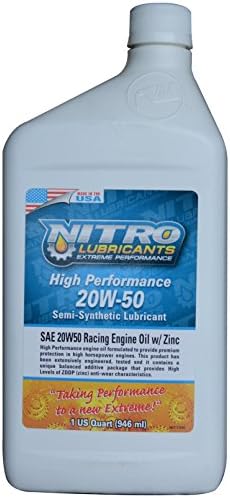 Nitro Lubricants 20W-50 High Performance Racing Motor Oil - Heavy Duty, Semi Synthetic Engine Oil - Race Motor Oil High in Zinc - for Engines Requiring 20W 50 Motor Oil - Ford, Chevy, Toyota, Etc.
