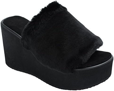Womens Faux Fur High Platform Wedge Sandals Mule ,Black,US 6,B(M)