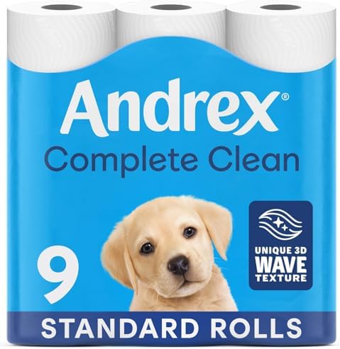Andrex Complete Clean Toilet Roll 9 Rolls (Previously Andrex Classic Clean Toilet Tissue) Unbeatable Toilet Paper with Unique 3D Wave, FSC Certified
