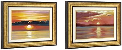 Dzhan Framed Wall Art Set of 2 Sunrise Sunset Canvas Paintings Hand-made Wood Frames Back with Hooks to Hang for Living Room Office (21 x 27 Inch)