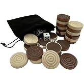 30 Pieces Wooden Backgammon Checkers Replacement set Checker Board Games Playing Game Chips with 5 Dice , High quality come with Drawstring Storage Pouch (Brown&amp;Beige 1.34 inch)