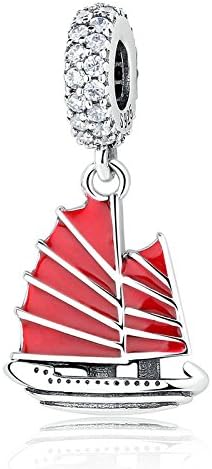 Soulove Chinese Junk Ship with Red Enamle Clear CZ Dangle 925 Sterling Silver Bead for Snake Chain Charm Bracelet