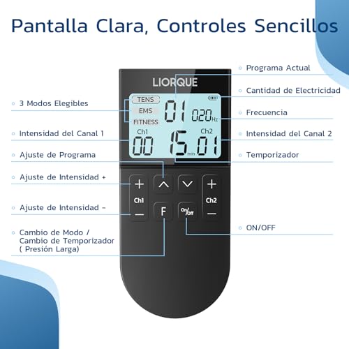 LIORQUE Muscle Electrostimulator, TENS/EMS/FITNESS Electrostimulator 3 in 1, 50 Modes, 10 Pcs TENS Electrodes, 16 Intensity Levels for Pain Relief (Black)