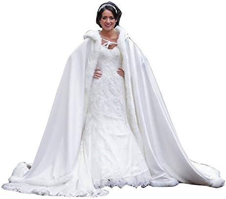 Kelaixiang Women White Long Faux Fur Hooded Cape Coat Cloak Bridal Winter Wedding Party Cape