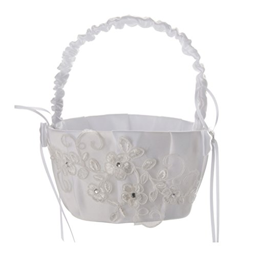 LUOEM White Embroidered Petal Wedding Flower Girl Basket Ceremony Party Lace Bowknot Portable Flower Girl Basket for Wedding Decoration(White)