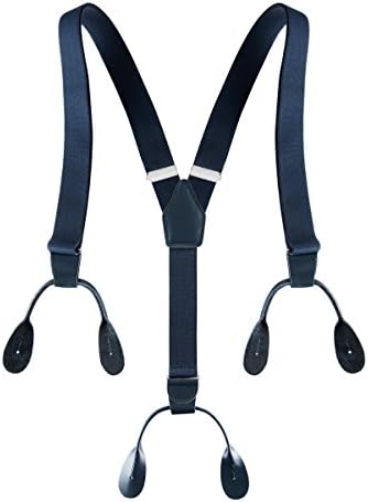 Rob Riverdale Mens Elastic Adjustable Button End Suspenders Y-Back Solid Color Trouser Braces (Navy)