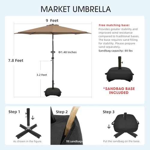 wikiwiki 9FT Patio Umbrella with Base, Outdoor Umbrellas with Base Included, 8 Sturdy Ribs, Waterproof Fade Resistant POLYESTER DTY Canopy for Deck, Lawn, Garden, Backyard & Pool, Tan