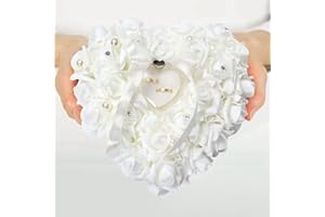 GOTOTOP Wedding Pillow, White Heart Shape Wedding Box for Wedding Lace Crystal Rose Heart Box Wedding Holder Gift
