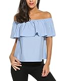 Sherosa Women's Off Shoulder Ruffles Solid Casual Blouse Loose Tops (XXL, Light Blue)