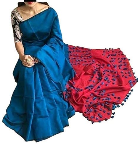 Women's Cotton Silk Saree With Blouse Piece (Blue & Red)