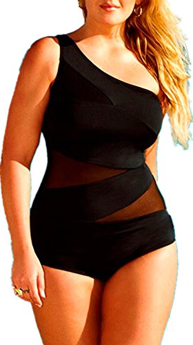 DDSOL Women's Plus Size Swimsuit Bathing Suits Tankini One-shoulder Mesh One Piece Bikini Swimwear
