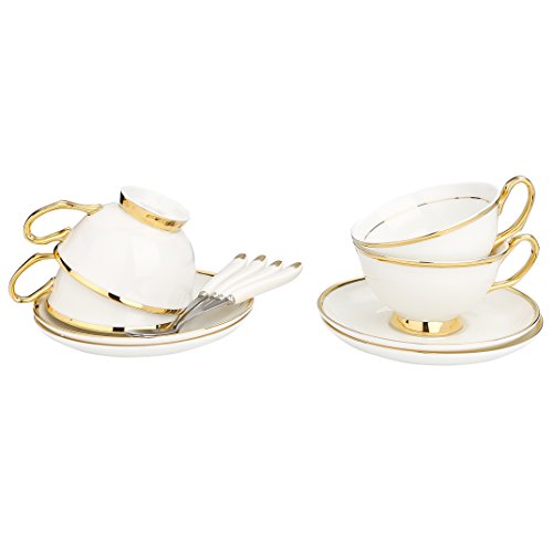 ARTVIGOR New Bone Espresso Cups and Saucer Set of 4 with Gold Rimmed for Coffee and Afternoon Tea, 14.6 X 14 X 4.1 Inches,