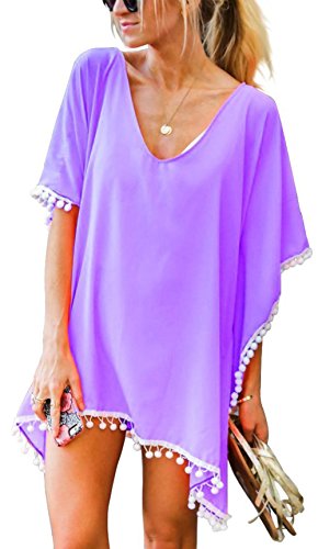 FIRSTLIKE Women's Trim Kaftan Chiffon Swimwear Beach Loose Bikini Cover Up Cute Beach Tunic Biquini Tankini Dress