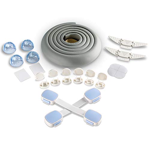 Baby Safety Locks Kit(21 Pieces),12 Outlet Covers, 4 Clear Corner Protectors, 2 Child Safety Cabinet Locks,2 Baby Door Locks,6.56ft Edge & Corner Guards Bumper,No Drill Required Full Baby Proof Set
