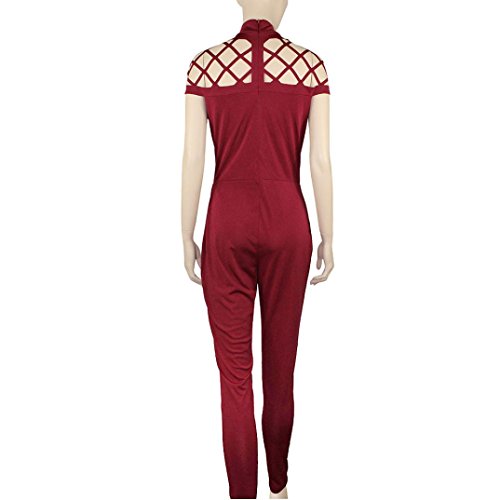 PHOTNO Women's jumpsuits Rompers for women High Neck Caged short sleeve Playsuits (M, Red)