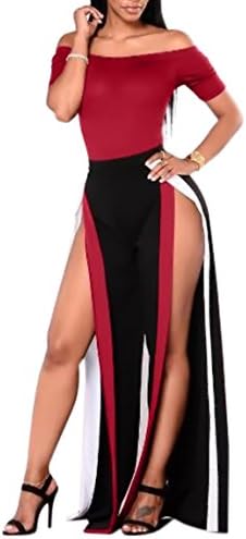 Sedrinuo Women 2 Piece Outfits Short Sleeve Boat Neck Romper and High Slit Wide Pants Jumpsuit Sets, Burgundy, Large(US8-10)