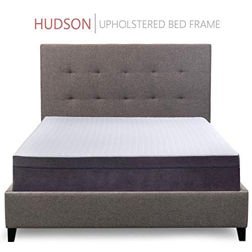 Hudson Tufted Upholstered Platform Bed, 50" Tall Headboard, Heather Gray Fabric, Strong Wood Slats, Wood Feet, Designed to Work with Adjustable Beds, Solid Rail (King)