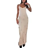 Women's Knit Maxi Dress Spaghetti Strap Floral Dresses Bodycon Knitted Beach Long Dress Backless Swim Cover up Dresses