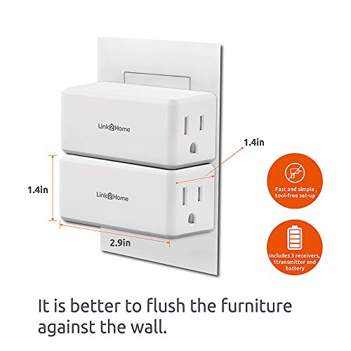 Link2Home Wireless Remote Control Outlet Light Switch, 100 ft range, Unlimited Connections. Compact Side Plug. Switch ON/OFF Household Appliances. FCC CSA Certified, White (3 Outlets, 1 Remote).